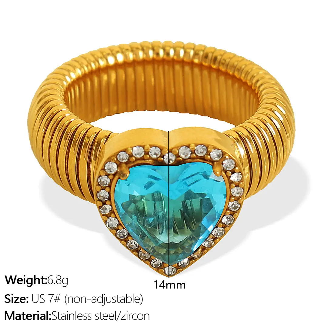 1 Piece Romantic Series Retro Heart Colorful Stainless Steel  Gold Color Zircon Women's Gemstone Rings h5 